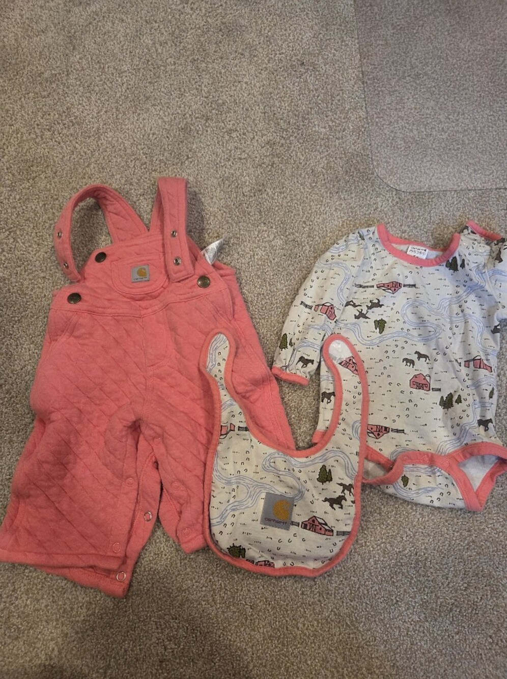 Carhartt Baby Girl 3-Piece Quilted Overalls Bodysuit & Bib Set 6M